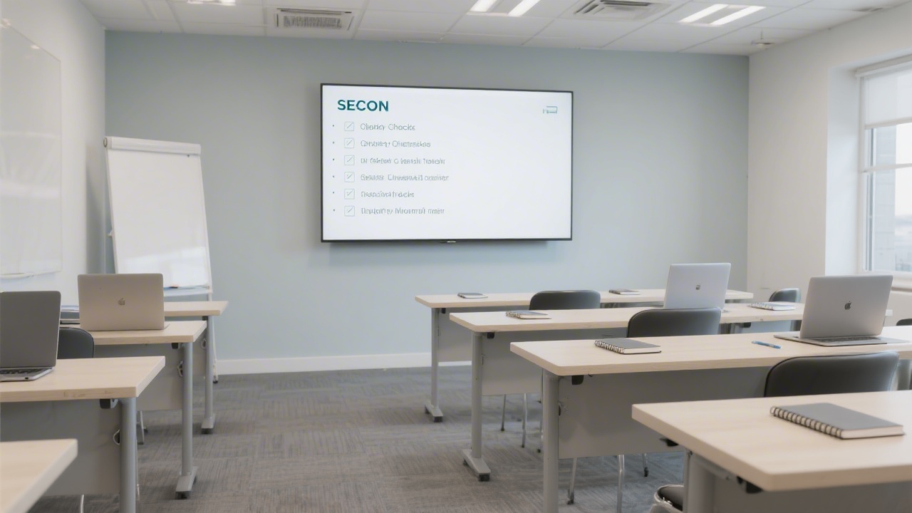 Quiet training room with tidy desks, notebooks, laptops, and a large screen displaying an SEO checklist, designed for a calm learning environment.
