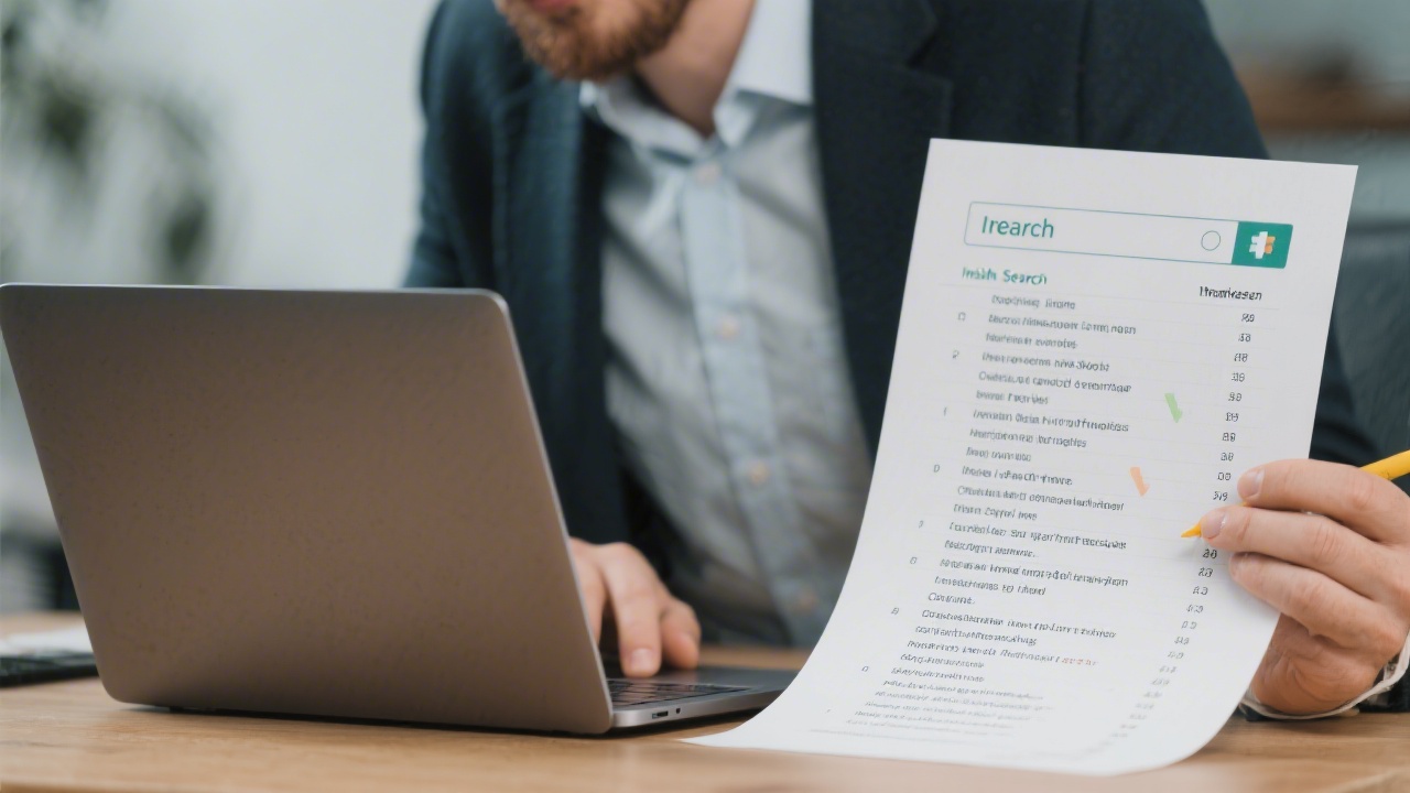 Marketing professional analyzing Irish search trends with a laptop and printed keyword list, highlighting phrases related to local services and products.