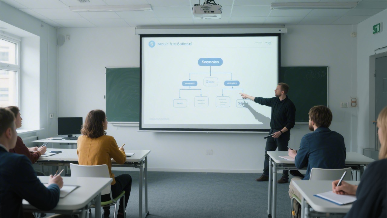 Wide view of a modern classroom with a projector displaying an SEO framework, attendees taking notes, and a trainer pointing to the screen.