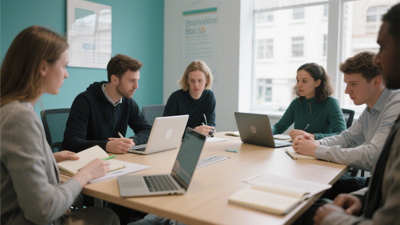 Trainer presenting to a small group in a Dublin workshop setting with printed worksheets, laptops, and a projection screen showing keyword research steps.