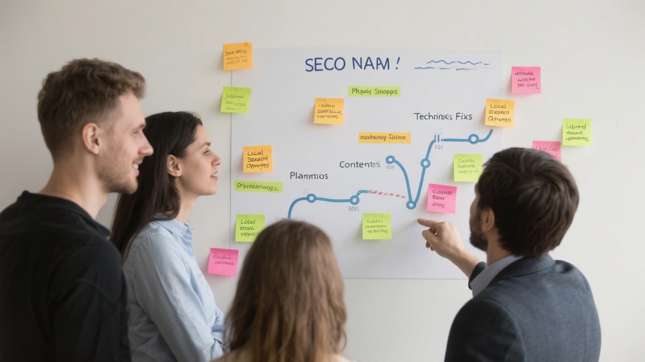 Team reviewing an SEO roadmap on a wall with sticky notes, showing phases like technical fixes, content planning, and local search optimization.