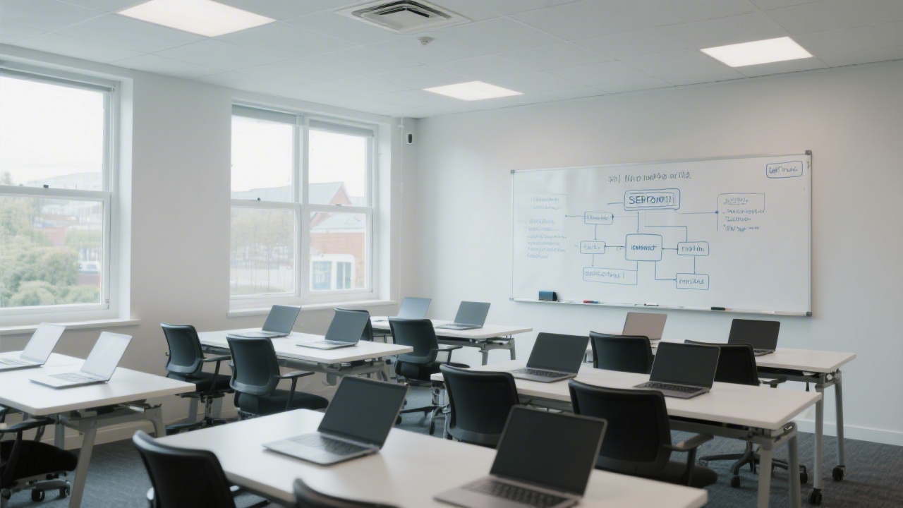 Modern Dublin training room with laptops open on desks, whiteboard showing SEO framework, and daylight from large windows creating a focused learning atmosphere.