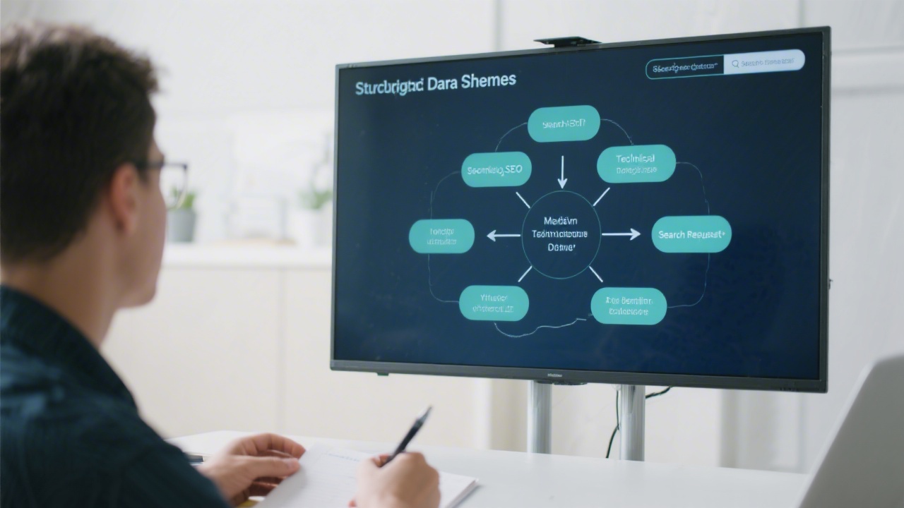 Diagram on screen showing structured data schema types with arrows to search results, while a learner takes notes during a technical SEO session.